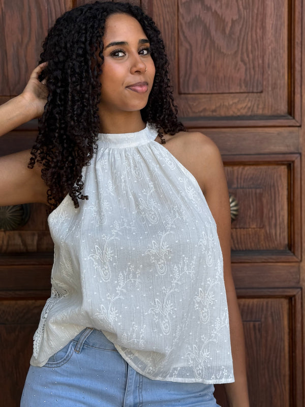 BLUSA DONNA AMOSA IN LINO E COTONE CON PASSAMANERIA E SCOLLO HALTER