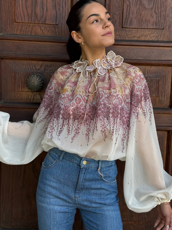 CAMICIA DONNA BOHEMIENNE CON FIORI APPLICATI