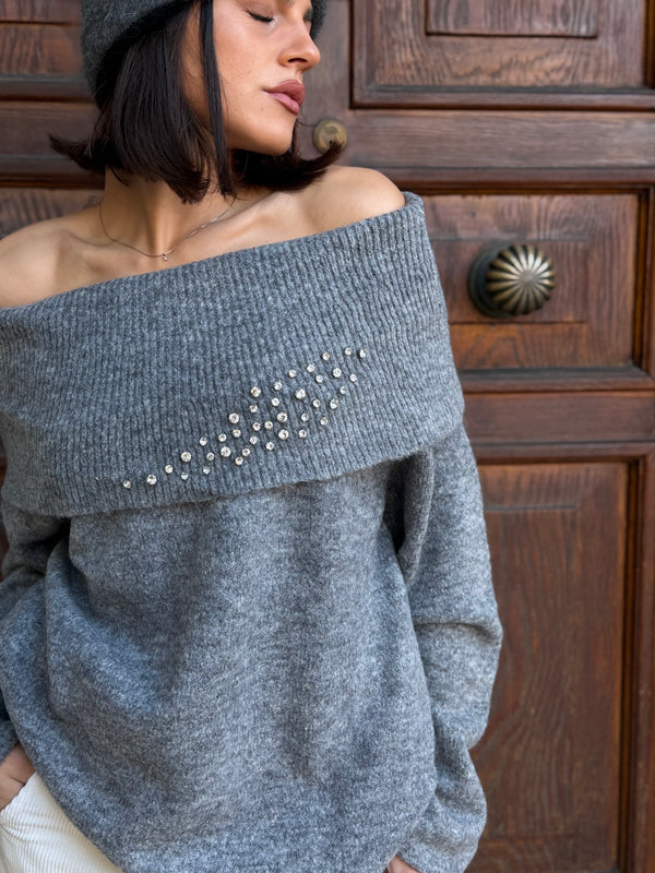 PULLOVER DONNA SCOLLO BARCA CON CRISTALLI